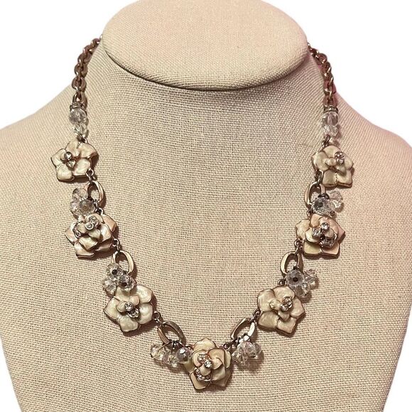 Charming Charlie Enamel Flower Crystal Rose Gold Tone Necklace - Picture 1 of 5